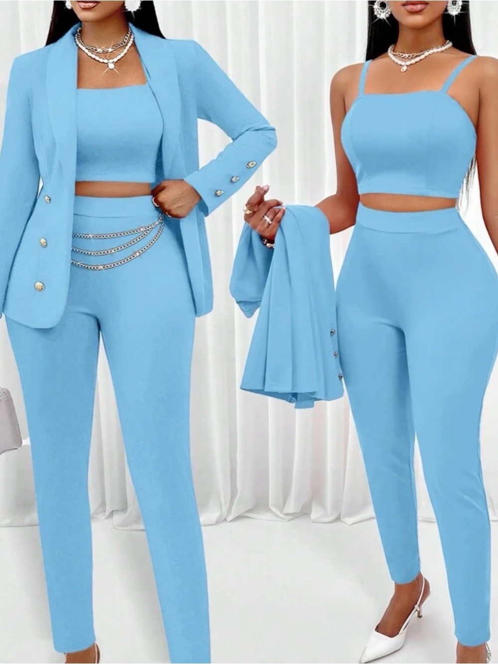 Sky Blue Tailored Skinny Pants & Crop Top Set